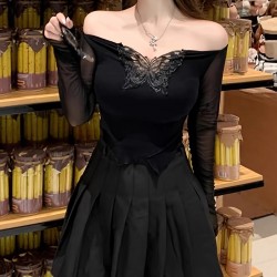 Mesh patchwork off-the-shoulder long-sleeved top for women, summer pure and sexy short black butterfly hollow T-shirt.
