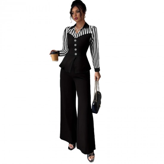 European and American trendy casual suits for women Elegant striped, contrasting color scheme, V-neck long-sleeved shirt and straight-leg trousers, two-piece set.