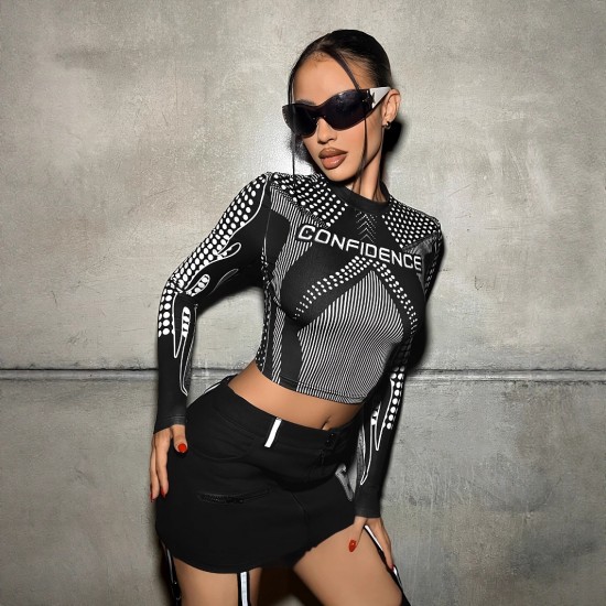 2025 European and American Cross-Border New Motorcycle Street Style Y2K Motorcycle-Inspired Round-Neck Long-Sleeved T-Shirt for Women