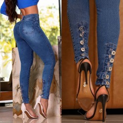 Amazon cross-border foreign trade: 2025 spring new high-waisted stretch jeans for women, slim fit, hip-lifting buttoned skinny jeans