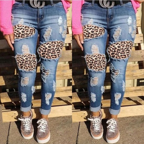Factory direct sales: European and American ripped women's jeans, personalized leopard print, high-waisted Women's Pants