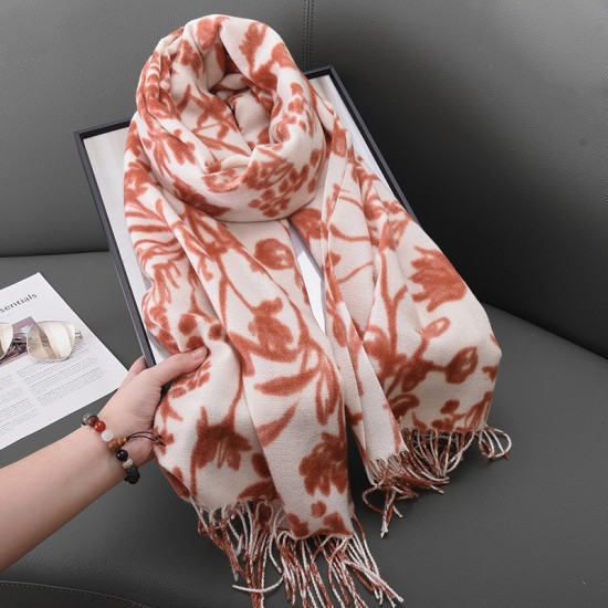 Autumn/Winter Faux Cashmere Tassel Floral Scarf, Korean-Style Women's Fashionable and Elegant Shawl, Luxury Women's Neck Scarf Wholesale