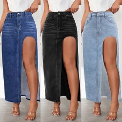 Factory direct sales: European and American cross-border high-slit denim skirt for women, 2025 spring and summer new washed solid color midi skirt