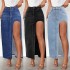 Factory direct sales: European and American cross-border high-slit denim skirt for women, 2025 spring and summer new washed solid color midi skirt