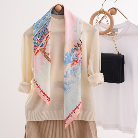 2025 new rural-style silk scarves, versatile spring and summer, elegant scarves and shawls, dual-use French simple imitation silk square scarves.