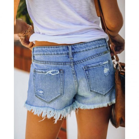 2025 trendy European and American buttoned printed patch denim shorts for women, cross-border trade ripped tassel hot pants wholesale.