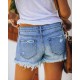 2025 trendy European and American buttoned printed patch denim shorts for women, cross-border trade ripped tassel hot pants wholesale.