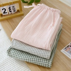 Japanese-style women's pajamas, plus-size, pure cotton, double-layered gauze loungewear pants, thin, soft, crepe, casual loungewear pants for spring and summer Summer women's rayon short-sleeved shorts, thin, open-front cotton silk, loose loungewear, soft