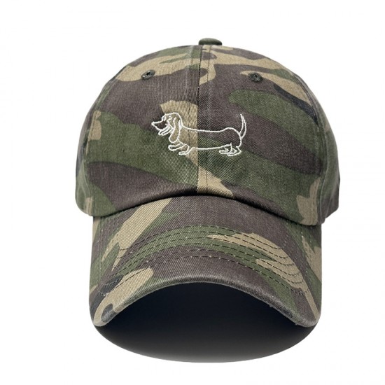 2025 Korean new style washed camouflage curved brim baseball caps with puppy embroidery, outdoor sun protection caps.
