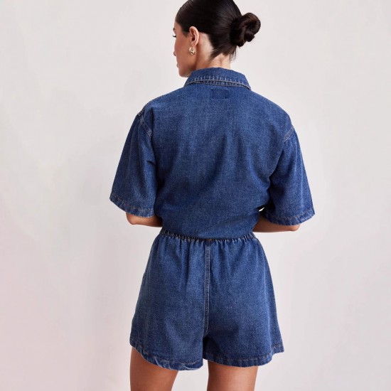 European and American Cross-Border Retro Casual Loose Pockets Short-sleeved shirt and shorts denim two-piece set