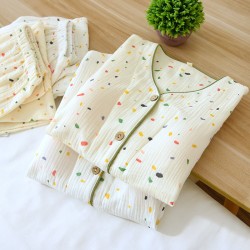 Women's spring and summer thin, long-sleeved, open-front pajamas, pure cotton double-layer gauze. Two-piece loungewear set