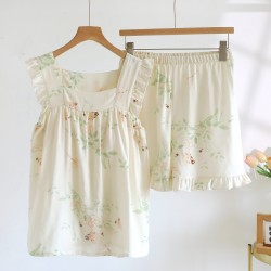 New women's cotton water Washed cotton short-sleeved shorts, thin plaid, simple summer loose loungewear set.