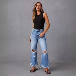 2025 cross-border new wide-leg pants, tasseled, washed, tie-dyed, ripped high-waisted jeans, straight-leg casual trousers for women.