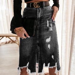 2025 Summer European and American Denim Skirt for Women, Washed Irregular Ripped Fringed Midi Skirt, High-Waisted Distressed