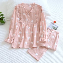 Women's padded pajamas, pure cotton double-layered gauze, V-neck, thin, long-sleeved, bra-free, spring and summer loungewear set