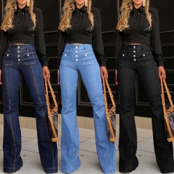 2025 spring new European and American button-down high-waisted jeans for women, slimming and elegant flared trousers, now in stock.