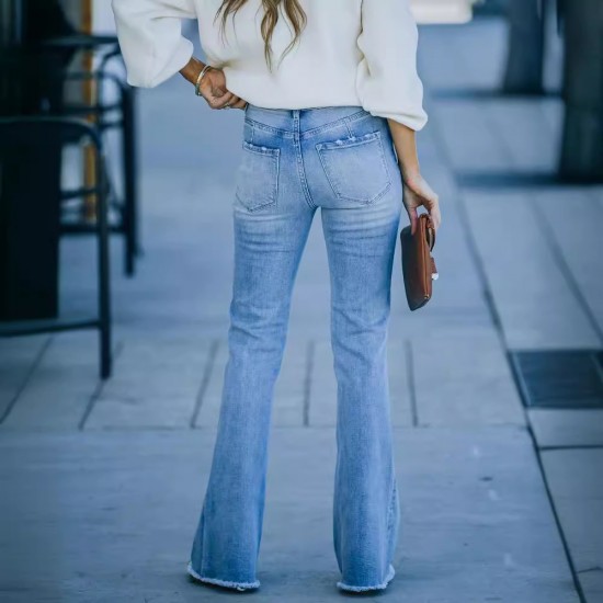 2025 Fall/Winter New European and American Cross-Border Elegant Commuter Stretch Denim Solid Color Bootcut High-Waisted Women's Jeans