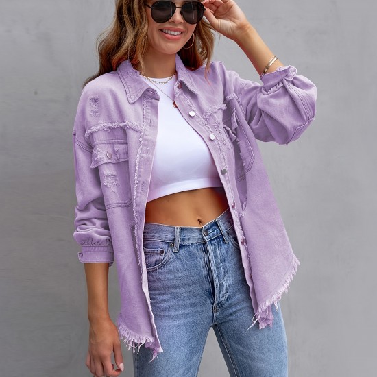 Cross-border new European and American denim jackets for women, solid color, loose-fitting jackets, ripped long-sleeved women's denim shirts, bestsellers. Cross-border new European and American denim jackets for women, solid color, loose-fitting jackets, ripped long-sleeved women's denim shirts, bestsellers.
