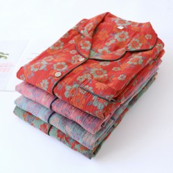 Men's spring and autumn couple's pajamas, pure cotton gauze long-sleeved trousers, thin summer Japanese-style loose loungewear set New postpartum maternity wear, pure cotton double-layer gauze long-sleeved pajamas, thin nursing clothes, open-front postpar