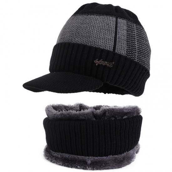 New copper label hat and scarf set, two-piece men's knitted hat, scarf with added fleece, autumn and winter warm wool hat.