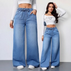 Cross-border washed solid color high-waisted wide-leg pants, 2025 new elastic waist women's jeans, loose and revealing Women's Skinny Pants