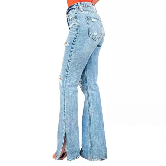 Factory direct sales of 2025 new cross-border European and American women's jeans, high-waisted, ripped, slightly flared, slit pants