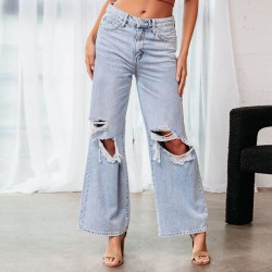 2025 European and American Knee-Ripped Jeans for Women, High-Waisted, Long, Wide-Leg, Light-Washed Casual Pants