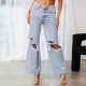 2025 European and American Knee-Ripped Jeans for Women, High-Waisted, Long, Wide-Leg, Light-Washed Casual Pants
