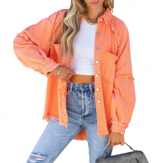Factory direct 2025 Autumn European and American long-sleeved denim jacket for women, washed, raw-edged, mid-length, loose-fitting jacket in stock.
