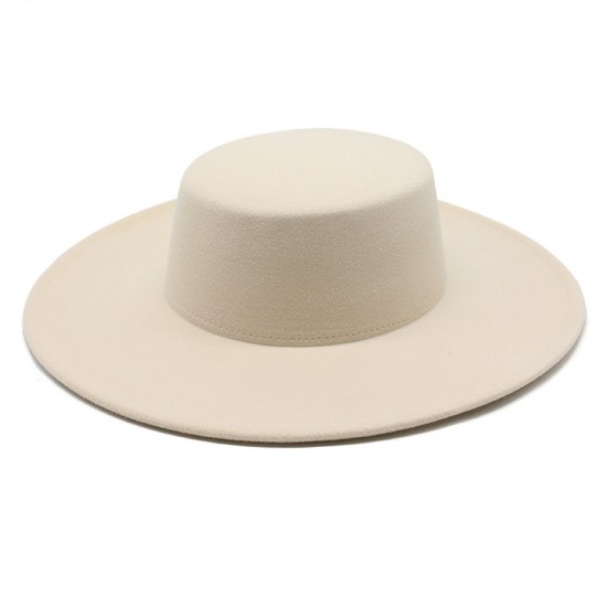 Autumn and winter new cross-border thickened men's and women's hats with 10cm brim, woolen felt flat top hats with wide brims.