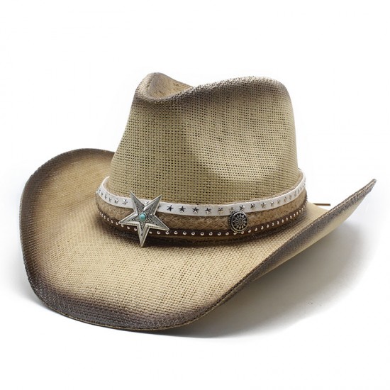 2024 Ethnic Style Horseback Riding Men's and Women's Retro Tibetan Rolled-Brimmed Western Cowboy Straw Hats with Sun Protection and Sun Visor