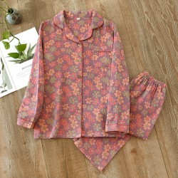 Women's spring and autumn pure cotton yarn-dyed jacquard gauze long-sleeved cardigan, retro pastoral-style all-cotton loungewear set.