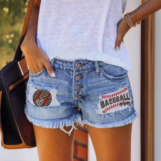 2025 trendy European and American buttoned printed patch denim shorts for women, cross-border trade ripped tassel hot pants wholesale.