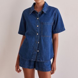 Casual style 2025 summer new cross-border foreign trade washed retro solid color short-sleeved shirt and shorts denim suit for women