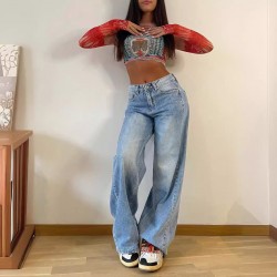 2025 new European and American cross-border retro American-style long wide-leg pants, hot girl loose jeans, high-waist straight-leg pants