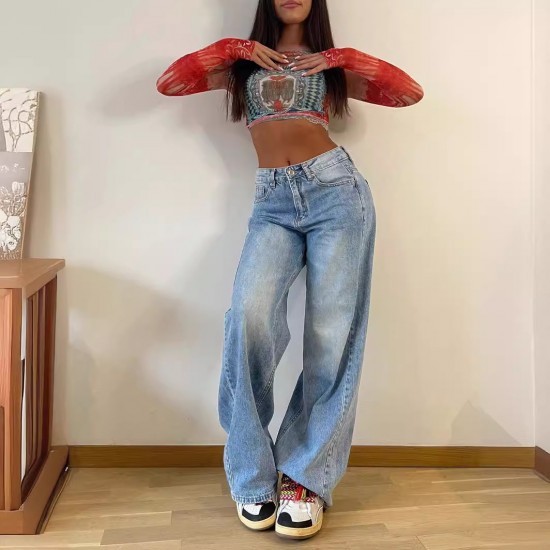 2025 new European and American cross-border retro American-style long wide-leg pants, hot girl loose jeans, high-waist straight-leg pants