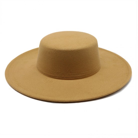 Autumn and winter new cross-border thickened men's and women's hats with 10cm brim, woolen felt flat top hats with wide brims.