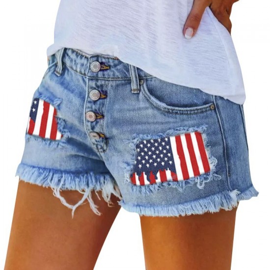 2025 trendy European and American buttoned printed patch denim shorts for women, cross-border trade ripped tassel hot pants wholesale.