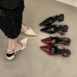 French retro silver women's block-heeled shoes, 2023 spring/autumn square-toed shallow-cut Mary Janes with buckles.