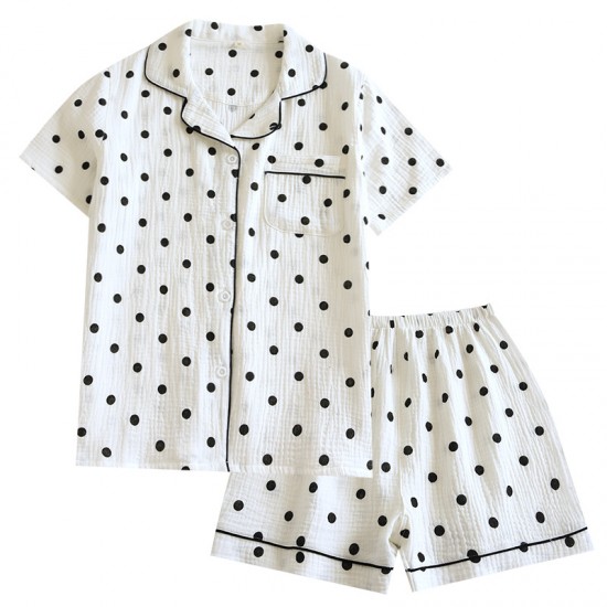 Women's summer pajamas, plus-size, pure cotton, double-layered gauze shorts, polka-dot, loose loungewear two-piece set Women's summer pajamas, plus-size, pure cotton, double-layered gauze shorts, polka-dot, loose loungewear two-piece set