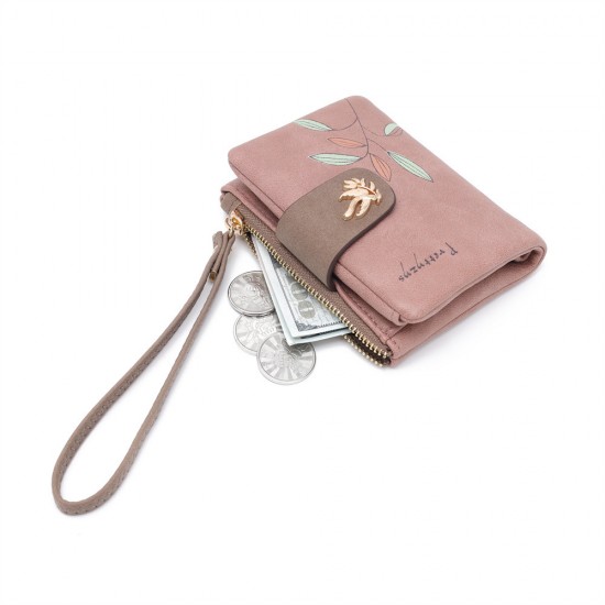 Lianbu new women's short wallet, two-fold, soft PU wallet with fashionable leaf print, buckle, zippered wallet, student wallet.