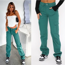 European and American Fashion Foreign Trade New Cross-Border Amazon Women's Pants: Pocket-Patterned Casual Loose Mid-Rise Jeans for Women