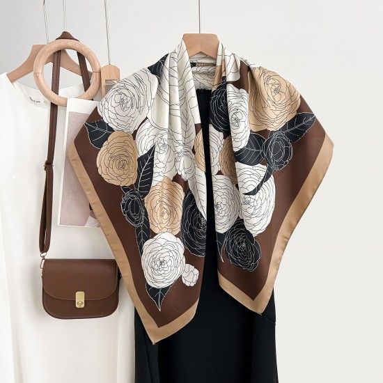 Spring and Autumn Influencer Style High-end Korean Colorblock Floral Print Silk Scarf, Fashionable Thin 90s Square Scarf for Women