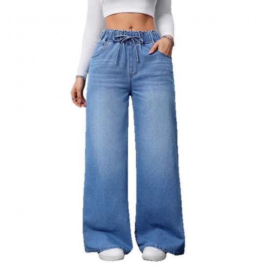 Cross-border washed solid color high-waisted wide-leg pants, 2025 new elastic waist women's jeans, loose and revealing Women's Skinny Pants