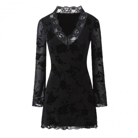 Sexy Summer and Autumn Mesh Dress for Women: European and American Style V-Neck, High-End Slim Fit Lace Long Sleeve Miniskirt