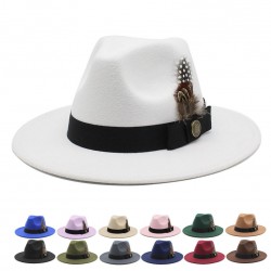 White woolen gentleman's classic British jazz feather hat with a flattering face shape, woolen felt hat for men and women