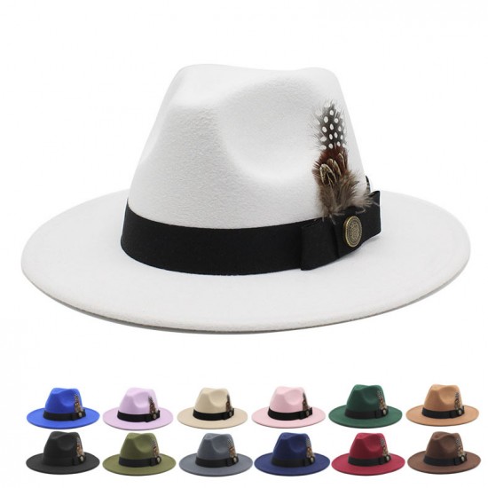 White woolen gentleman's classic British jazz feather hat with a flattering face shape, woolen felt hat for men and women