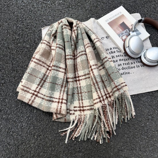 A new cross-border retro plaid scarf for women, versatile and warm for autumn and winter, thickened and dual-use faux cashmere shawl.
