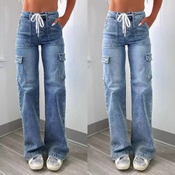 Factory direct sales of 2025 new straight-leg jeans for women, American casual, lace-up, multi-pocket functional work pants, in stock.