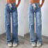 Factory direct sales of 2025 new straight-leg jeans for women, American casual, lace-up, multi-pocket functional work pants, in stock.